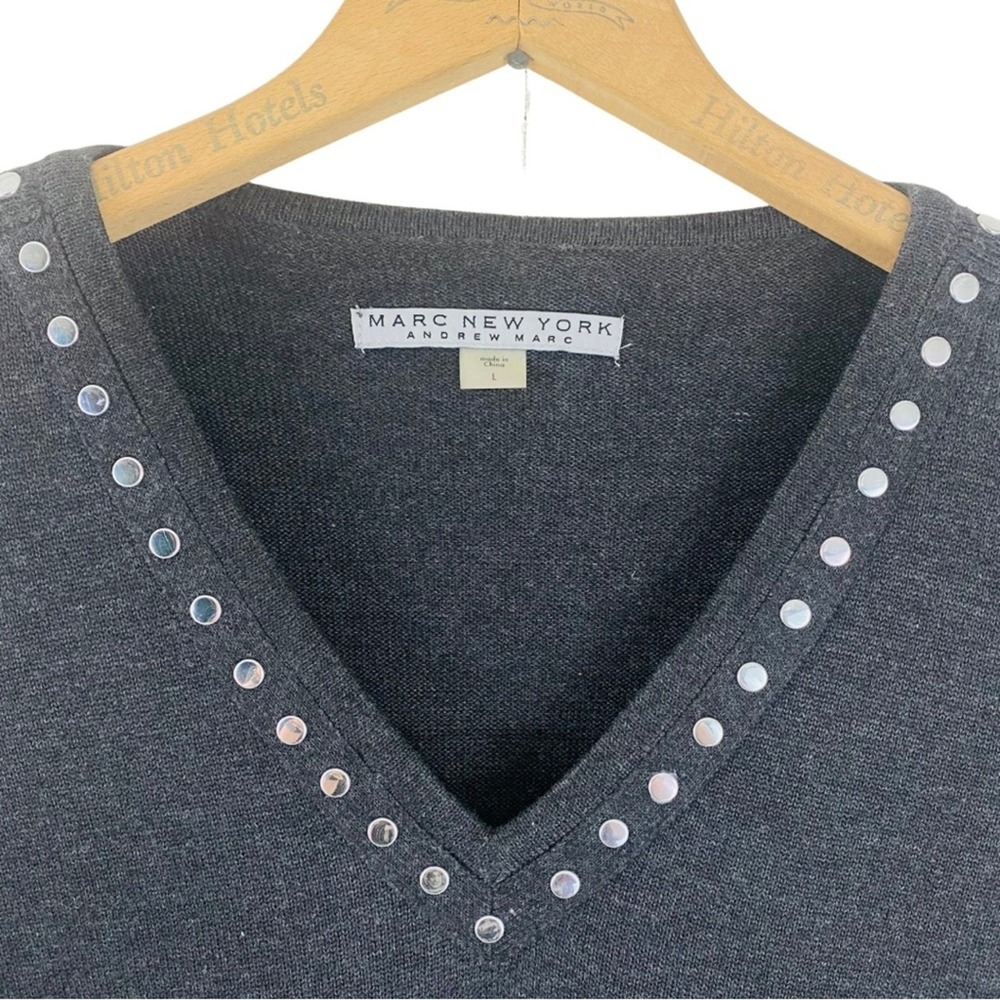 Marc New York Andrew Marc Gray Studded V-Neck Sweater Dress 3/4 Sleeve Womens L - Picture 2 of 6